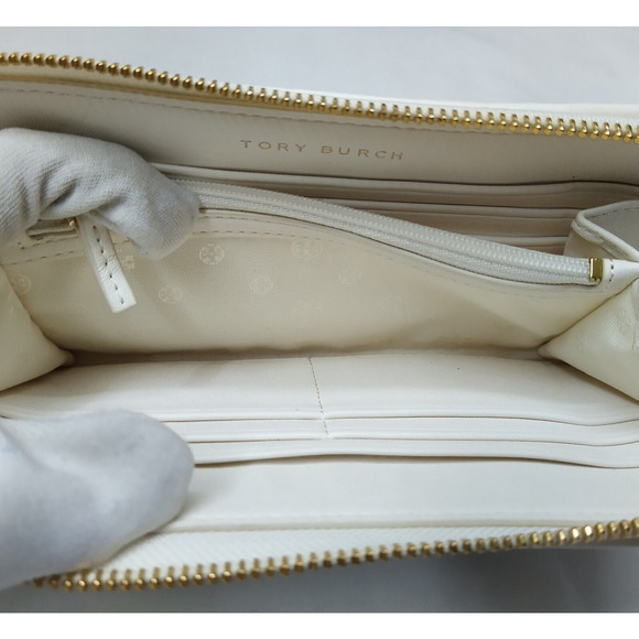 Tory Burch Gemini Ivory Gray Coated Canvas Link Stripe Zip Around Wallet - Picture 11 of 16